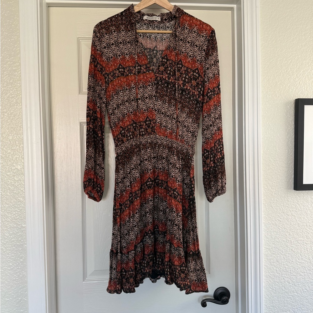 Red and Brown Ruffled Tiered Sheath Dress with Bishop Sleeves